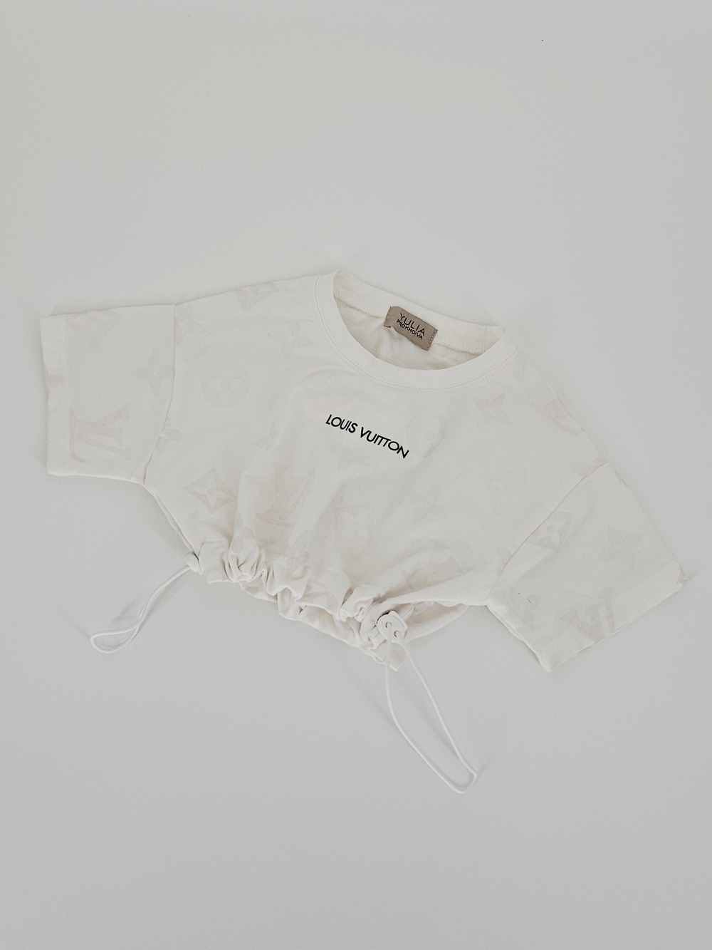 White Designer Inspired Monogram Cropped Drawstring Sweatshirt Approx. 2T